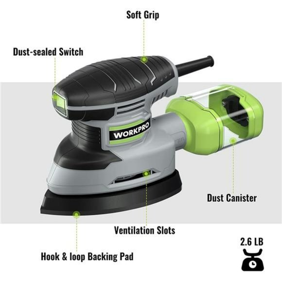 WORKPRO Detail Sander, 13,000 OPM Compact Electric Sander with 15PCS Sanderpaper - Picture 2 of 6
